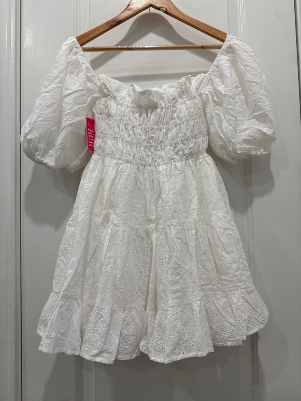 Buddy Love Valentina White Eyelet Smocked Mini Dress with Puff Sleeves